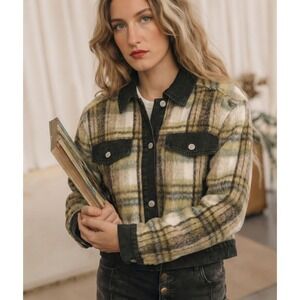 NWT For The Republic Women's Cropped Plaid Black Denim Trucker Jacket Size Med